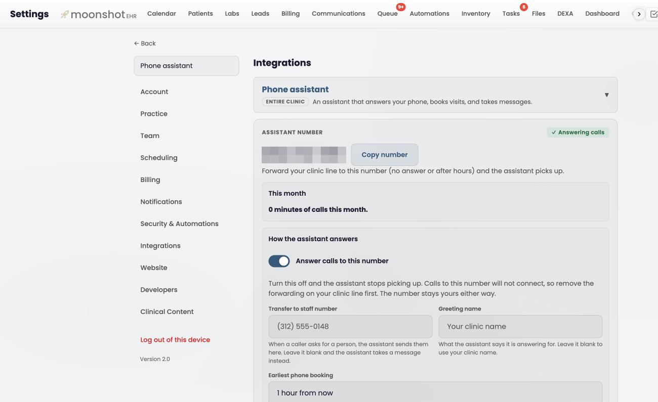 Moonshot EHR Settings, Phone assistant card: the assistant number with an Answering calls status, minutes used this month, the answer-calls switch, a transfer-to-staff number, the greeting name, and the earliest booking window.