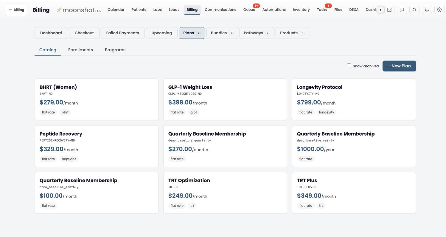 Moonshot EHR Billing, Plans catalog: membership plans with monthly, quarterly and yearly prices on cards, with tabs for Dashboard, Checkout, Failed Payments, Upcoming, Bundles, Pathways and Products.