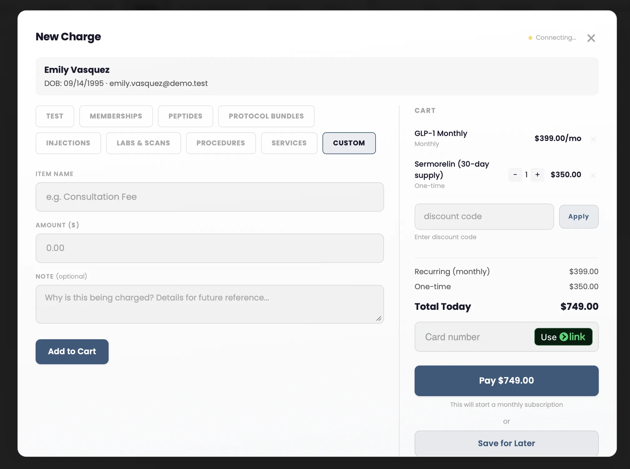 New charge modal with product categories and cart