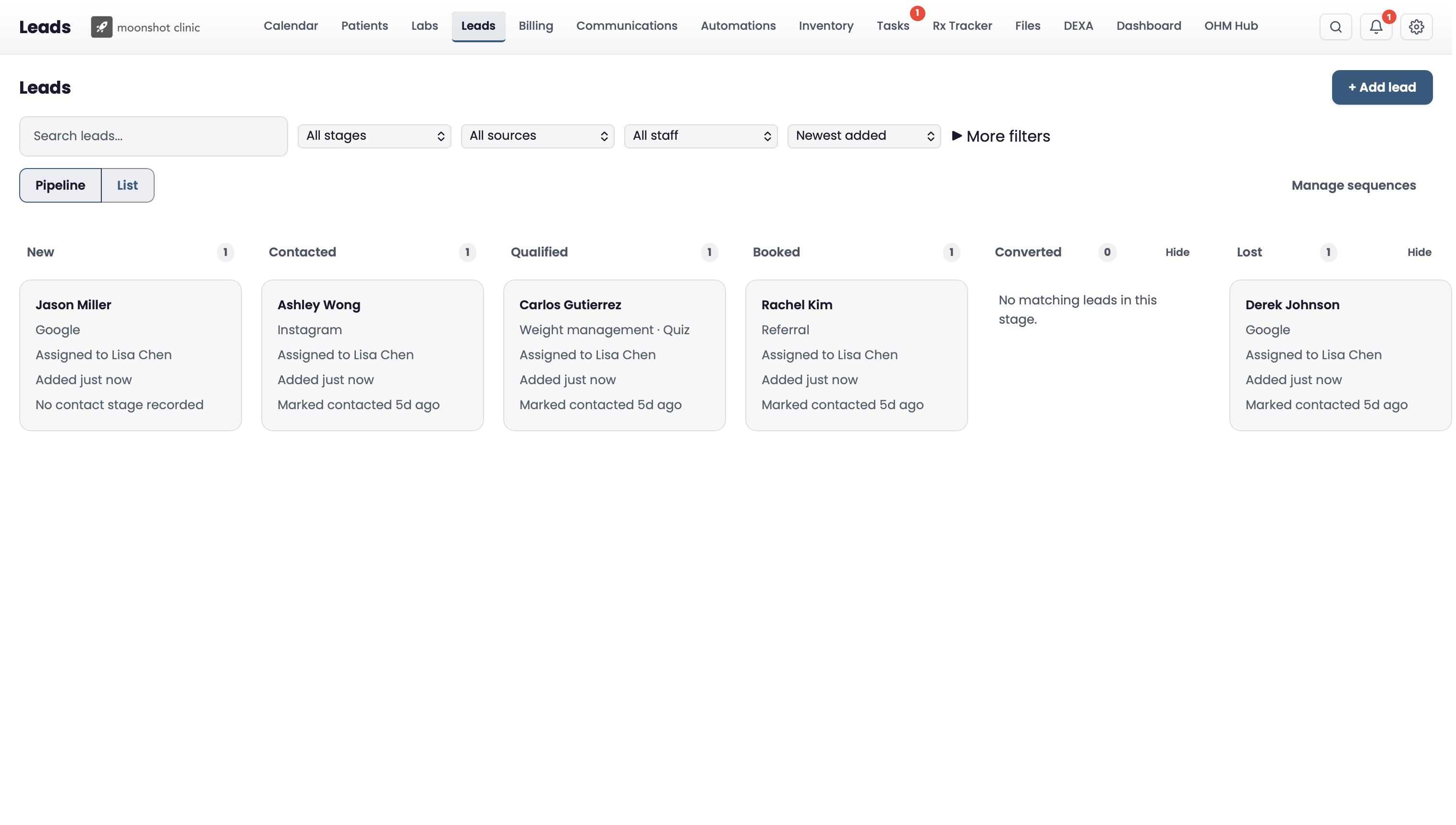 Moonshot EHR CRM pipeline showing leads organized by stage with names, contact details, and source information